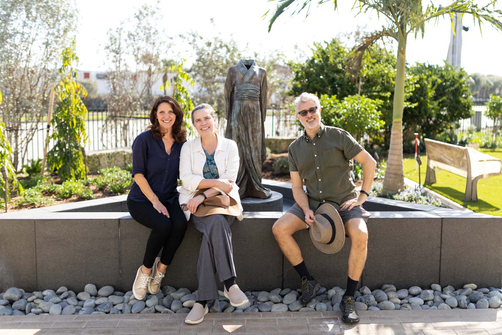 Dena Rigby, Karen LaMonte and Steve Polaner with LaMonte's newly installed cast bronze sculpture entitled Hanako, photo by Heather Holt