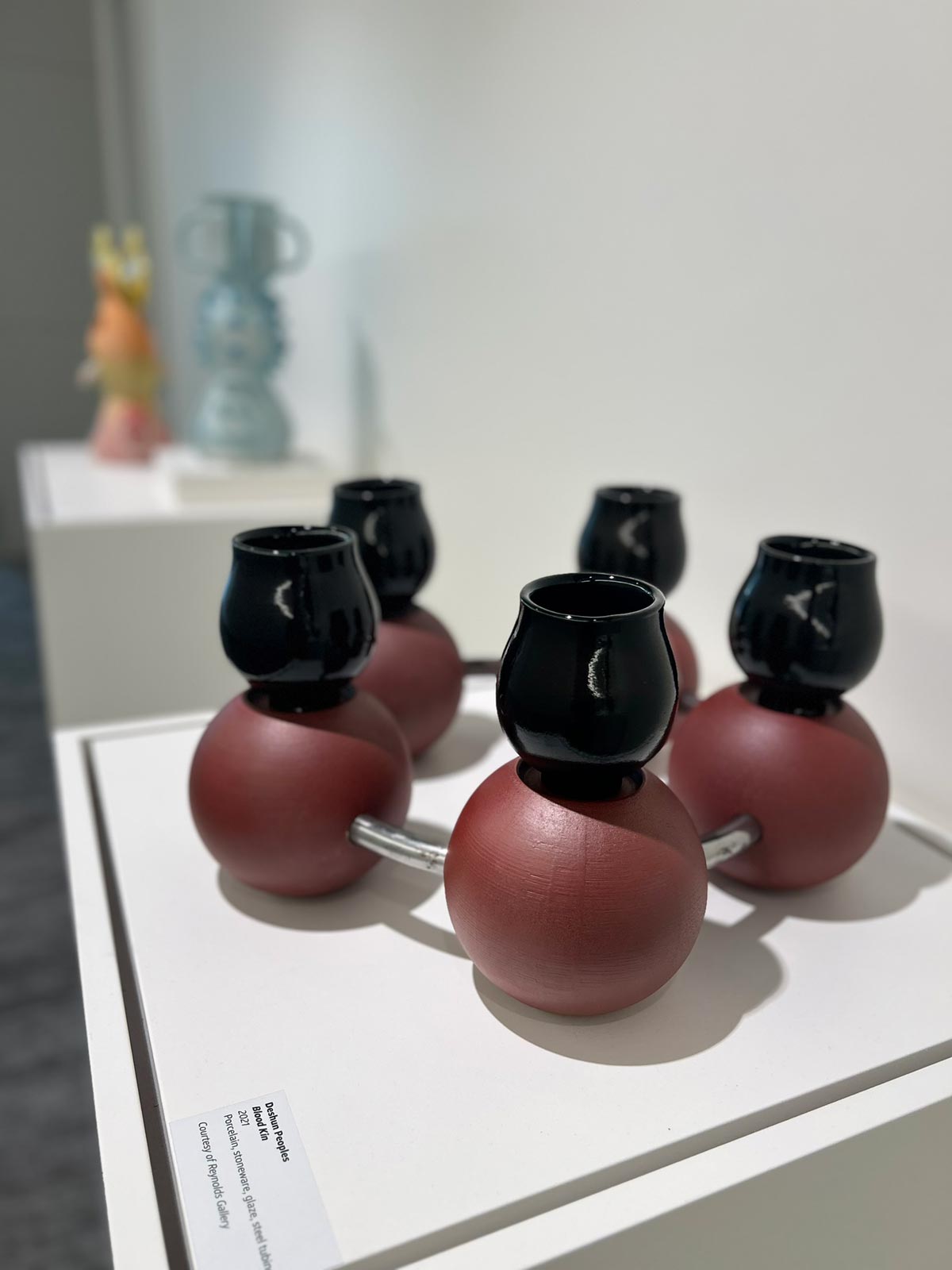 Deshun Peoples, “Blood Kin,” glazed colored porcelain, stoneware, and steel
