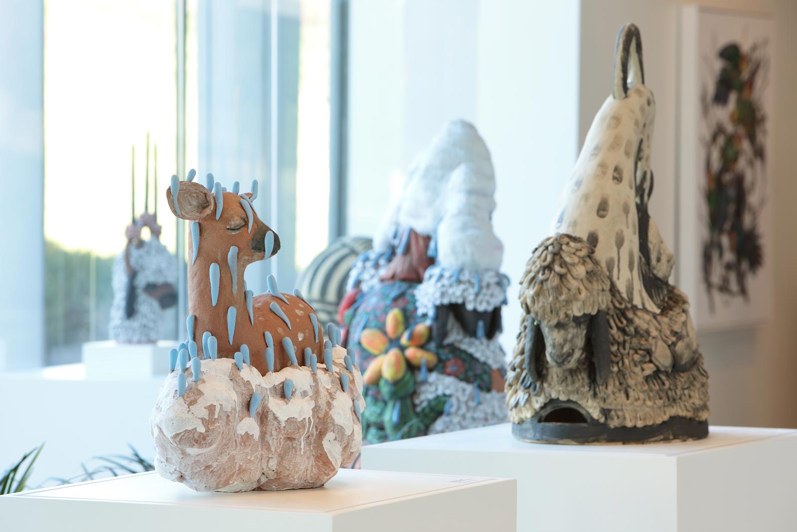 Andréa Keys Connell, clay sculpture titled What Comes Down, Must Go Up, clay and underglaze; photo by David Hunter Hale