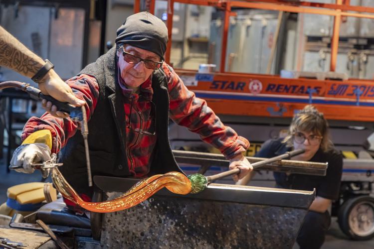 Team Chihuly and Chandelier part in process. The Hotshop, The Boathouse, Seattle, 2024