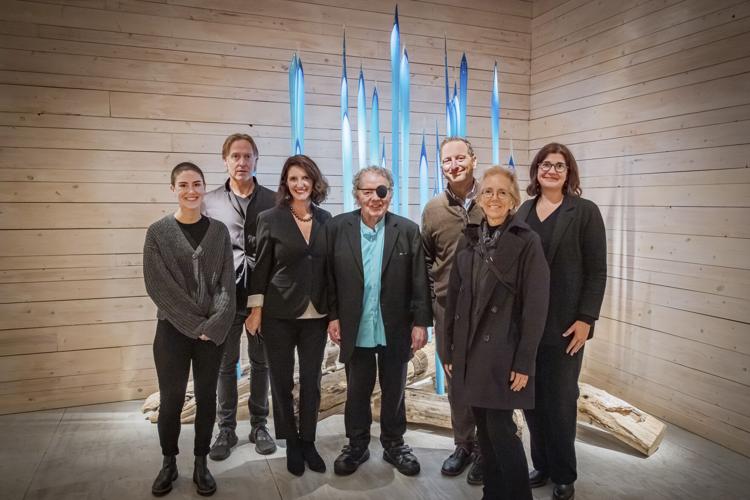 Dale Chihuly with Norfolk Botanical Garden team members. Chihuly Studio, Seattle, 2024